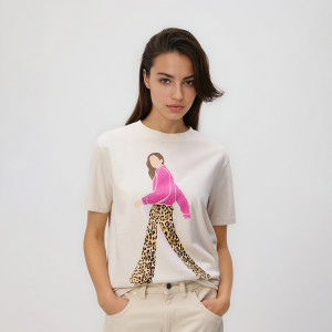 T-shirt z nadrukiem - L - beżowy - damska - Reserved - 073HT-08X