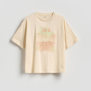 Luźny t-shirt z nadrukiem - 122 (6-7 lat) - kremowy - dziewczynki - Reserved - 075HU-02X