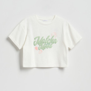 Krótki t-shirt z nadrukiem - 116 (5-6 lat) - złamana biel - dziewczynki - Reserved - 076HU-01X