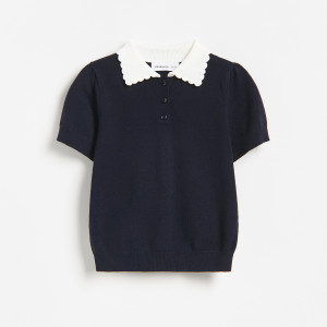Sweter z kołnierzykiem - 140 (9 lat) - granatowy - dziewczynki - Reserved - 082KH-59X