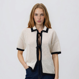 Sweter z wiązaniem - L - kremowy - damska - Reserved - 095JA-02X