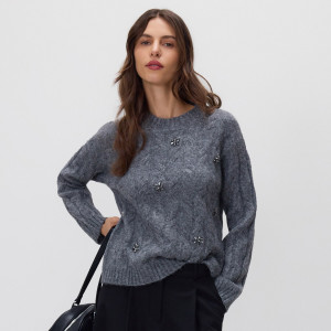 Sweter z błyszczącą aplikacją - S - szary - damska - Reserved - 104HH-85M