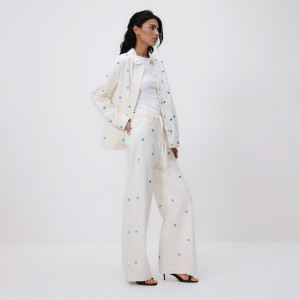Jeansy wide leg z haftem - 32 - złamana biel - damska - Reserved - 106IX-01J