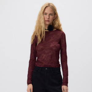 Koronkowy longsleeve - L - bordowy - damska - Reserved - 107IC-83X