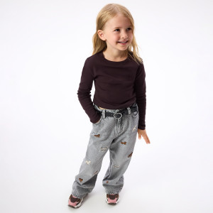 Jeansy wide leg z haftowanym wzorem - 158 (12 lat) - jasnoszary - dziewczynki - Reserved - 112JU-09J