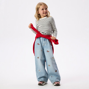 Jeansy wide leg z haftowanym wzorem - 134 (8 lat) - niebieski - dziewczynki - Reserved - 112JU-50J