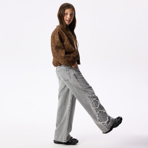 Jeansy super wide leg z aplikacją - 152 (11 lat) - jasnoszary - dziewczynki - Reserved - 113JU-09J