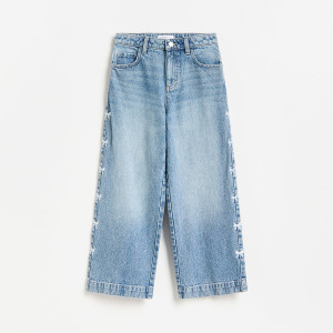 Jeansy super wide leg z haftem - 116 (5-6 lat) - niebieski - dziewczynki - Reserved - 115JU-50J