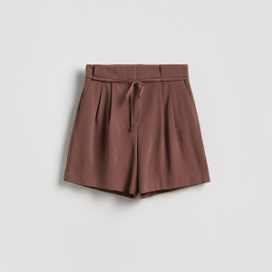 Szorty z wiskozą - L - ciemnobrązowy - damska - Reserved - 116JL-89X