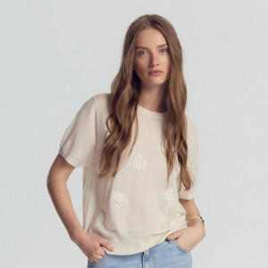 Wełniany sweter z aplikacjami - XL - złamana biel - damska - Reserved - 116JX-01X