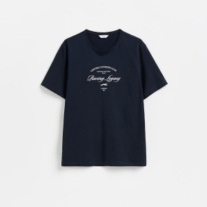 T-shirt regular z nadrukiem - L - granatowy - męska - Reserved - 116LA-59X