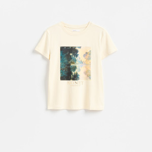 T-shirt z nadrukiem - L - kremowy - damska - Reserved - 133KF-02X