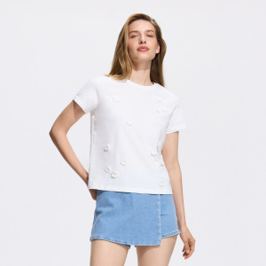 T-shirt z aplikacją - S - złamana biel - damska - Reserved - 137KF-01X