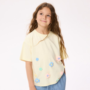 Bawełniany t-shirt z aplikacją 3d - 146 (10 lat) - jasnożółty - dziewczynki - Reserved - 152HU-10X
