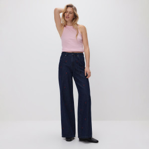 Jeansy wide leg z haftem - 38 - granatowy - damska - Reserved - 158IL-59J