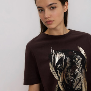 Bawełniany t-shirt z nadrukiem - S - ciemnobrązowy - damska - Reserved - 162HT-89X
