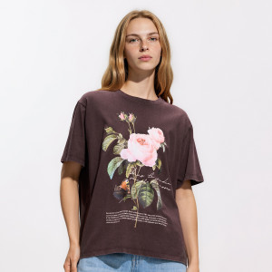 Bawełniany t-shirt z nadrukiem - L - ciemnobrązowy - damska - Reserved - 166KF-89X