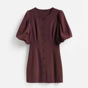 Sukienka z bufiastymi rękawami - XL - ciemnobrązowy - damska - Reserved - 173KR-89X