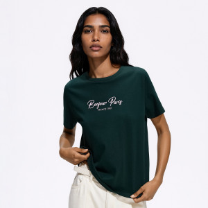 Bawełniany t-shirt z nadrukiem - L - ciemnozielony - damska - Reserved - 179HT-79X