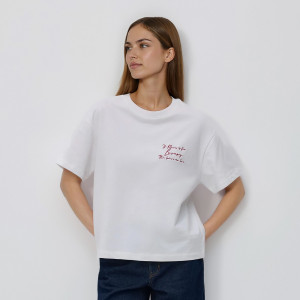 T-shirt z haftem - XL - złamana biel - damska - Reserved - 180HT-01X