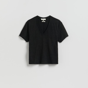 Lniany t-shirt - XS - czarny - damska - Reserved - 188IT-99X