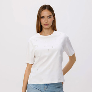 T-shirt z imitacją pereł - S - biały - damska - Reserved - 196HT-00X