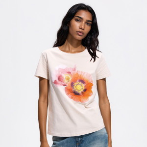 Bawełniany t-shirt z nadrukiem - S - beżowy - damska - Reserved - 214HT-08X