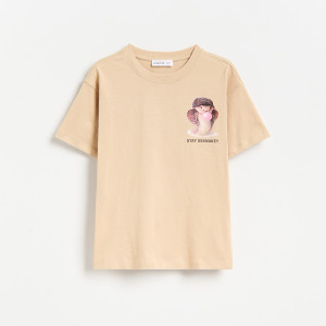 Bawełniany t-shirt z nadrukiem - 128 (7-8 lat) - beżowy - chłopcy - Reserved - 232JV-08X