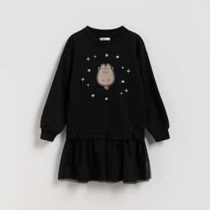 Dzianinowa sukienka z aplikacją Pusheen - 158/164 (12-13 lat) - czarny - dziewczynki - Reserved - 233FW-99X