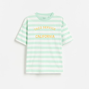 T-shirt w paski z haftem - 134 (8 lat) - złamana biel - chłopcy - Reserved - 244JV-01X