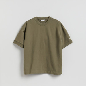 T-shirt boxy z nadrukiem - L - oliwkowy - męska - Reserved - 249JA-81X