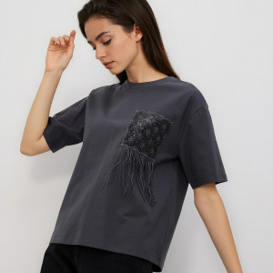 T-shirt z ozdobnym detalem - S - ciemnoszary - damska - Reserved - 253HT-90X