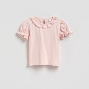 Bawełniany t-shirt z falbanką - 104 (3-4 lata) - pastelowy róż - dziewczynki - Reserved - 260HU-03X