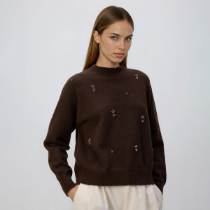 Sweter z ozdobnymi aplikacjami - XL - ciemnobrązowy - damska - Reserved - 270HI-89X