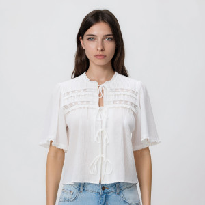 Bluzka z wiązaniem - XXL - złamana biel - damska - Reserved - 276JU-01X
