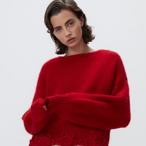 Sweter z kwiatową aplikacją - L - czerwony - damska - Reserved - 279HI-33X