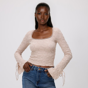 Koronkowy longsleeve - S - beżowy - damska - Reserved - 287HT-08X