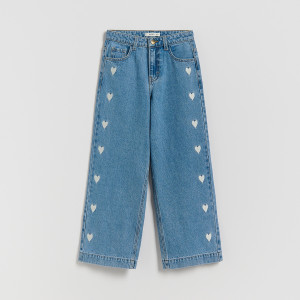 Jeansy wide leg z haftem - 152 (11 lat) - niebieski - dziewczynki - Reserved - 296HN-55J