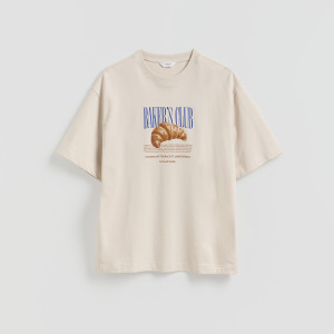 T-shirt boxy z nadrukiem - L - beżowy - męska - Reserved - 327FP-08X