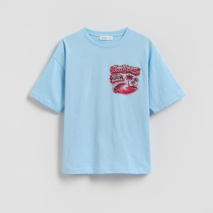 Bawełniany t-shirt z nadrukiem - 170 (13-14 lat) - jasnoniebieski - chłopcy - Reserved - 329JV-05X