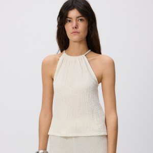 Kreszowany top z dekoltem halter - XL - złamana biel - damska - Reserved - 342GU-01X