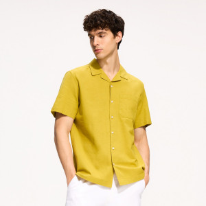 Koszula regular z lnem - S - warm olive - męska - Reserved - 373HF-19X