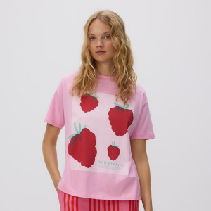 T-shirt z nadrukiem - S - pastelowy róż - damska - Reserved - 377IK-03X