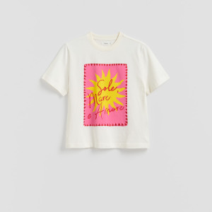 T-shirt z nadrukiem - S - złamana biel - damska - Reserved - 393HT-01X