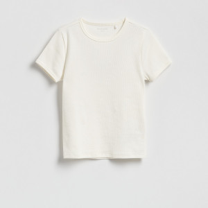 Prążkowany t-shirt - 158/164 (12-13 lat) - złamana biel - dziewczynki - Reserved - 393HU-01X