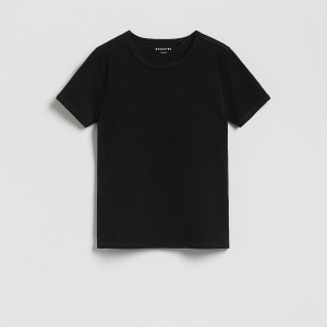 Prążkowany t-shirt - 134/140 (8-9 lat) - czarny - dziewczynki - Reserved - 393HU-99X