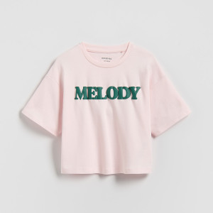 Luźny t-shirt z nadrukiem - 134/140 (8-9 lat) - pastelowy róż - dziewczynki - Reserved - 396HU-03X