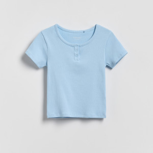Prążkowany t-shirt z guzikami - 146/152 (10-11 lat) - jasnoniebieski - dziewczynki - Reserved - 401HU-05X