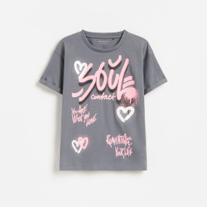 T-shirt z nadrukiem - 116 (5-6 lat) - ciemnoszary - dziewczynki - Reserved - 402HU-90X