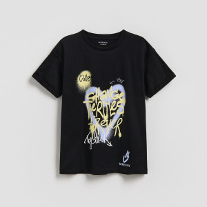 T-shirt z nadrukiem - 122/128 (6-8 lat) - czarny - dziewczynki - Reserved - 402HU-99X